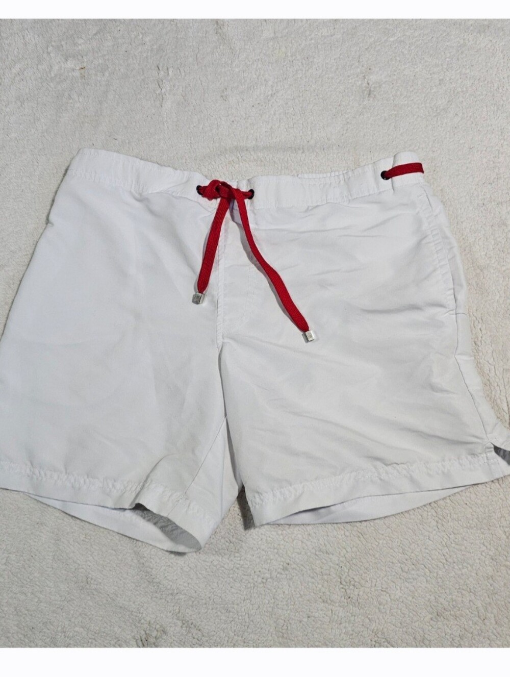 Teamm8 Men's White Swim Shorts with Red Drawstring.